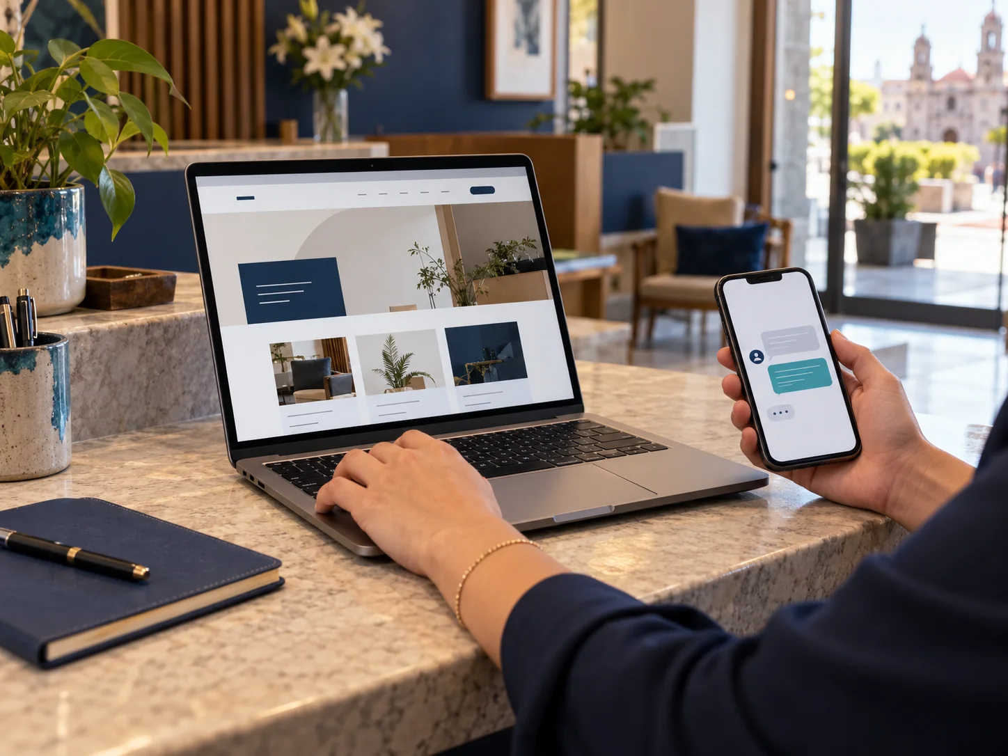 Sitio web empresarial abierto en una computadora mientras llega una consulta al celular